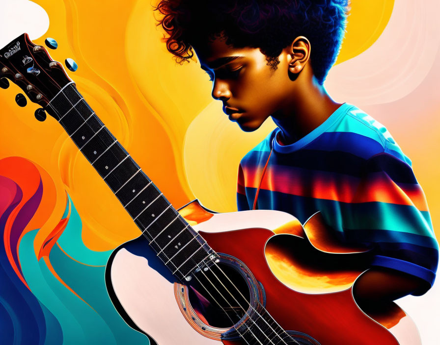 Curly-Haired Musician Playing Acoustic Guitar Against Colorful Background