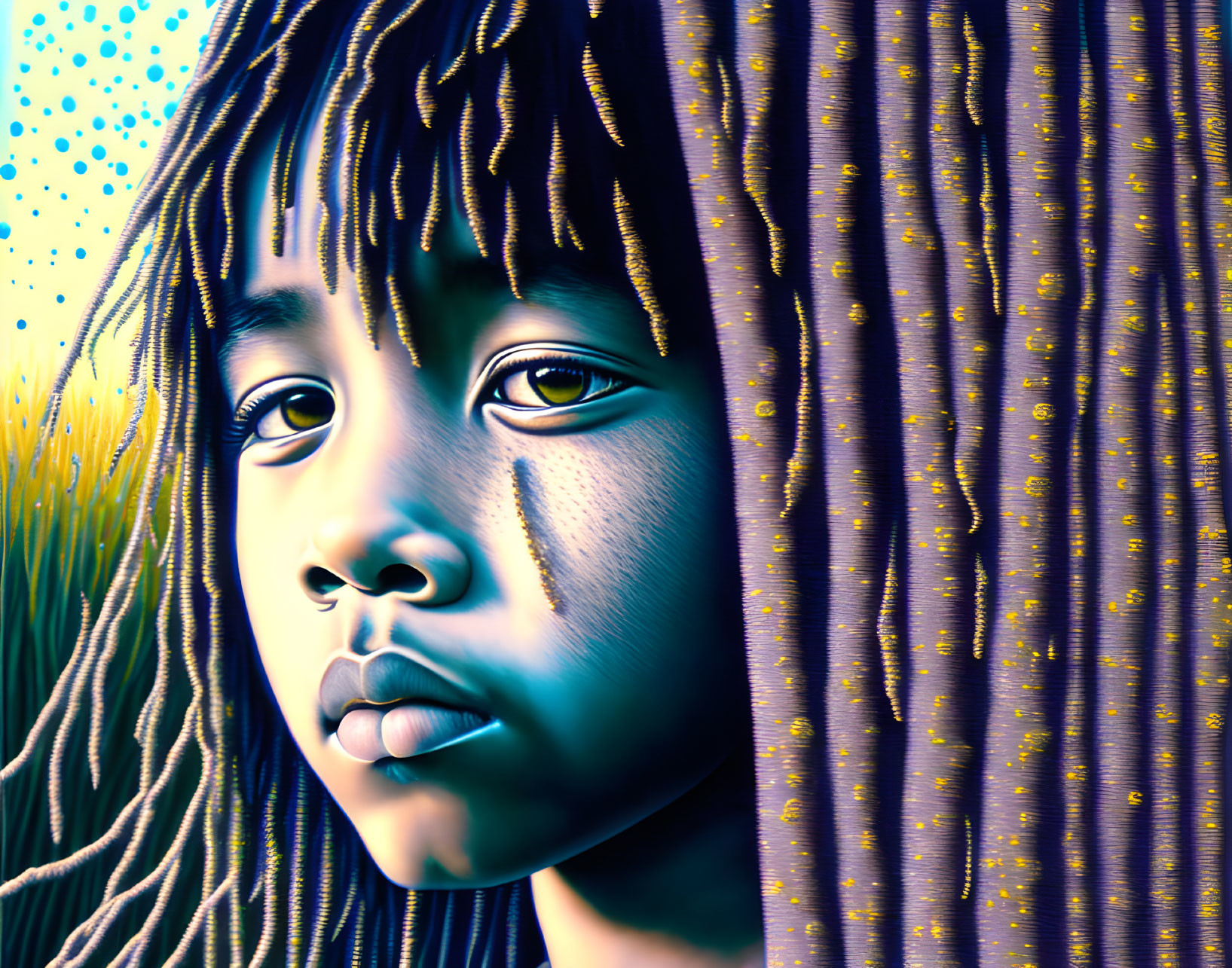 Vibrant stylized portrait of a young person with dreadlocks in blue and yellow.