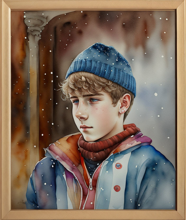 Young person in blue beanie and colorful scarf in watercolor portrait