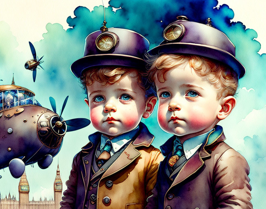 Vintage pilot attire: Two boys with propeller plane & London skyline