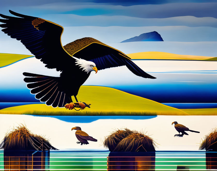 Stylized image of eagle flying over landscape with birds.