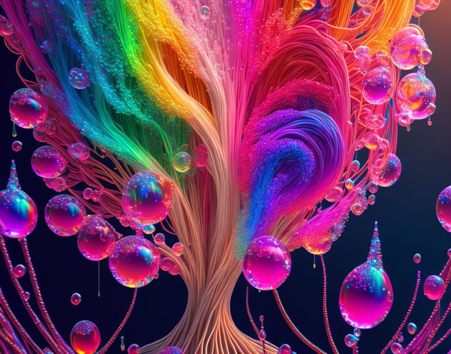 Colorful swirling rainbow tree digital artwork with glowing bubbles and bead-like tendrils on dark background