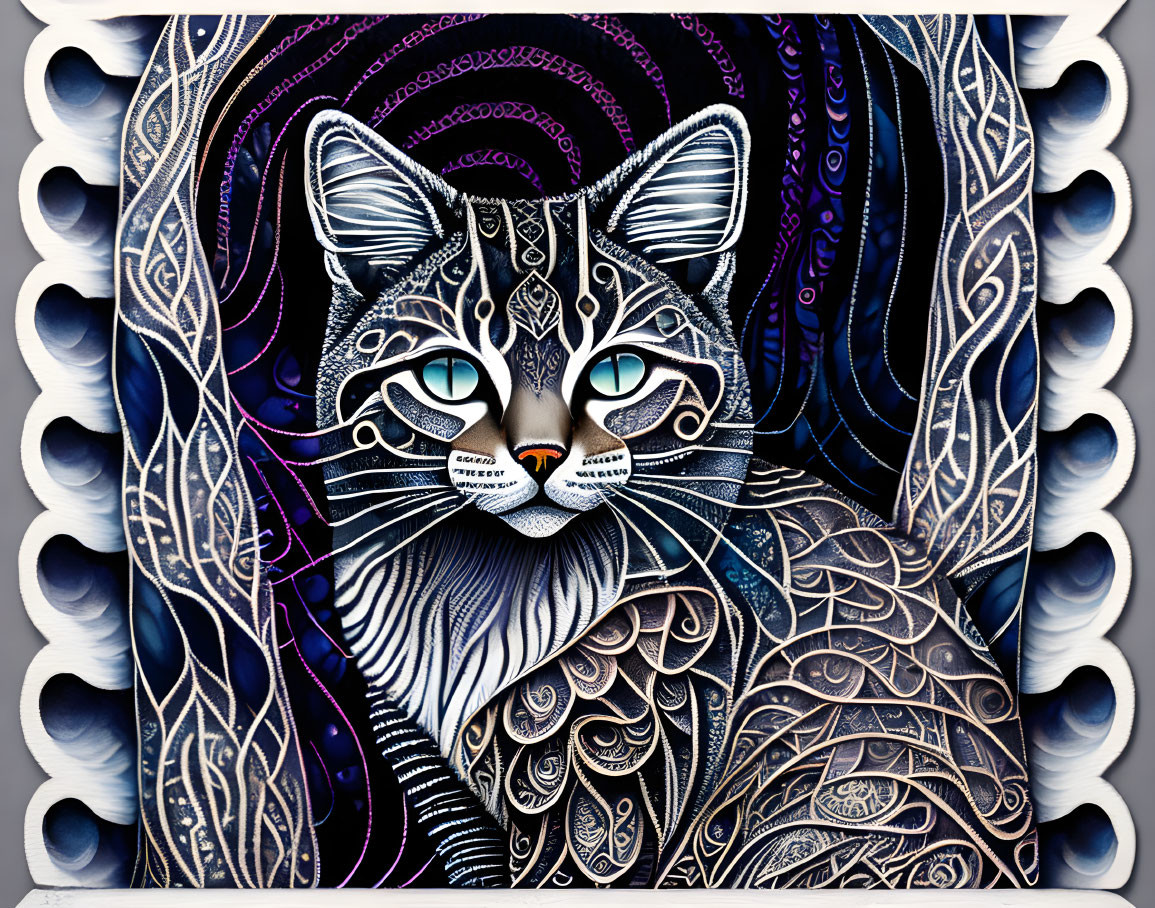 Stylized cat digital art with vibrant blue eyes and decorative purple patterns