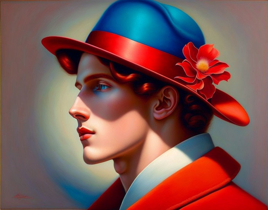 Vibrant portrait of a person in blue and red hat and coat