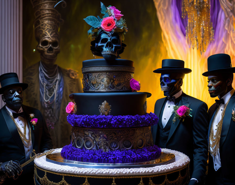 Three individuals in skull makeup with elegant cake decoration.