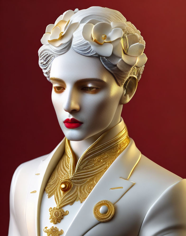 Digital artwork: Porcelain-skinned figure in white jacket with gold details on red backdrop