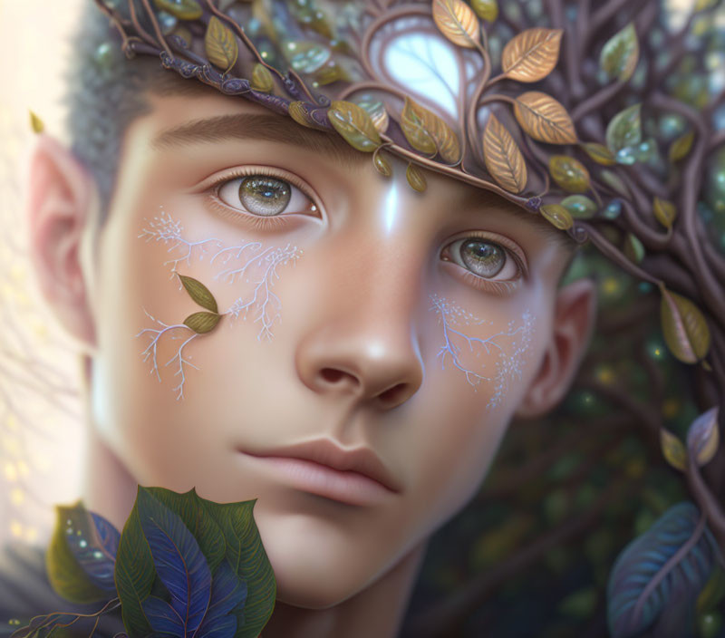 Digital artwork: Person with elfin features, crown of leaves, vine patterns