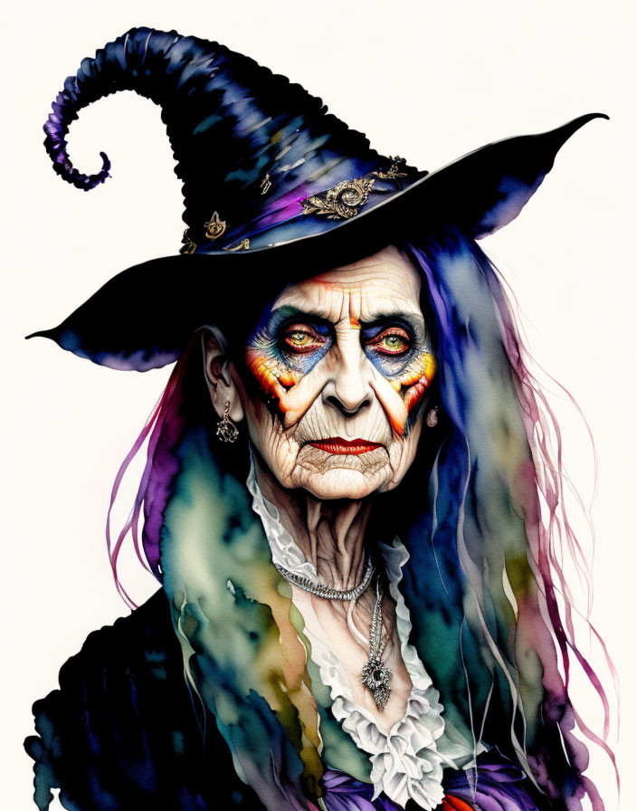 Elderly witch illustration with colorful makeup and skull hat