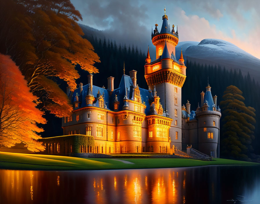 Fairytale castle illuminated at twilight with autumn trees and mountains reflected in lake