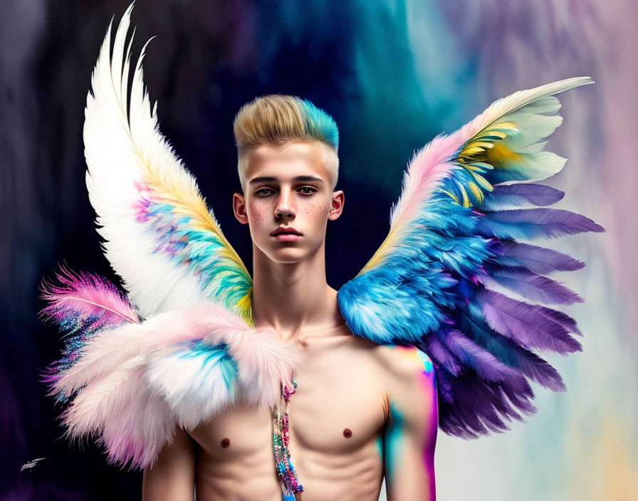 Colorful Winged Person with Mohawk and Artistic Makeup on Abstract Background