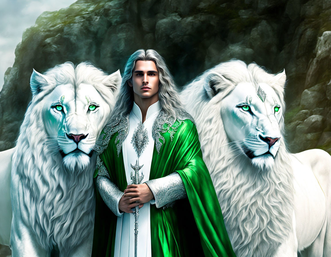 Long-haired man in green cloak wields sword with white lions on rocks