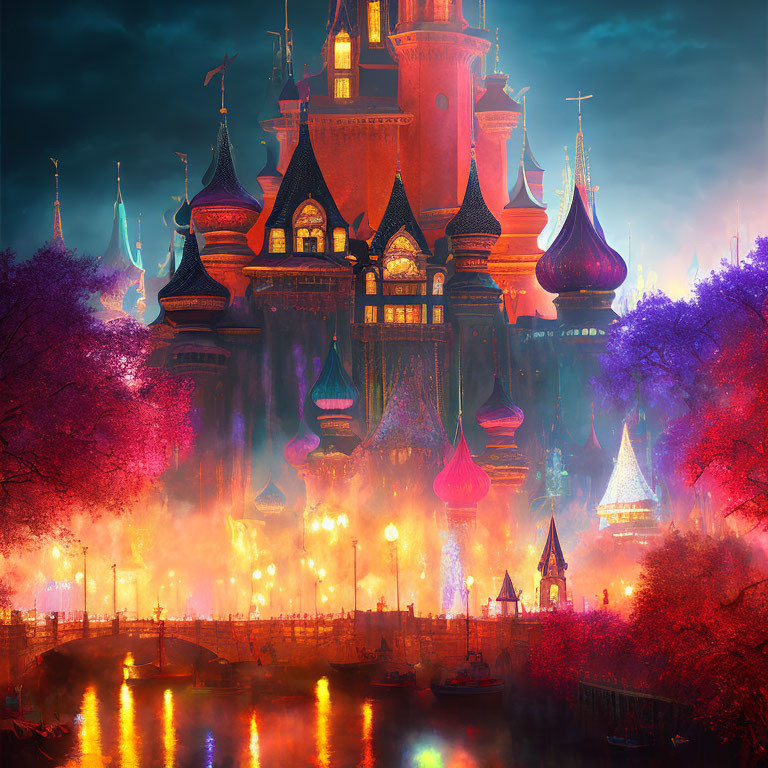 Fantasy castle at dusk with glowing lights and mystical atmosphere