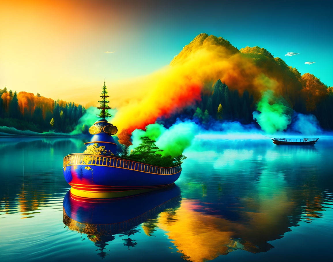 Colorful boat with vibrant smoke on calm lake at sunset