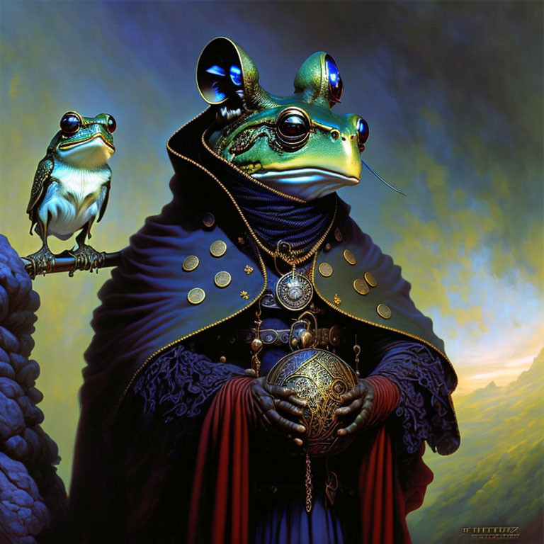 Surreal artwork of regal frog with monocle and orb under dramatic sky