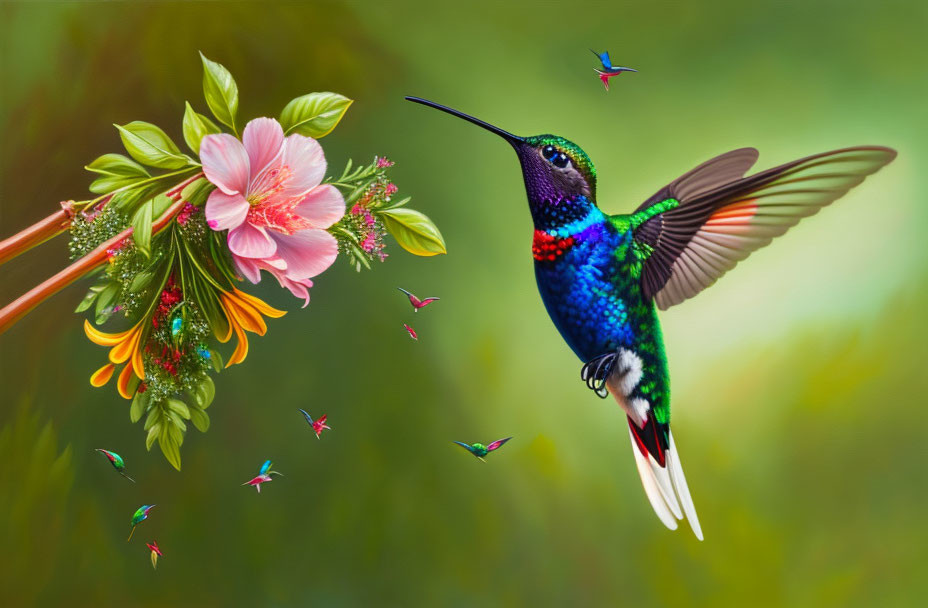 Colorful Hummingbird Feeding on Pink Flowers