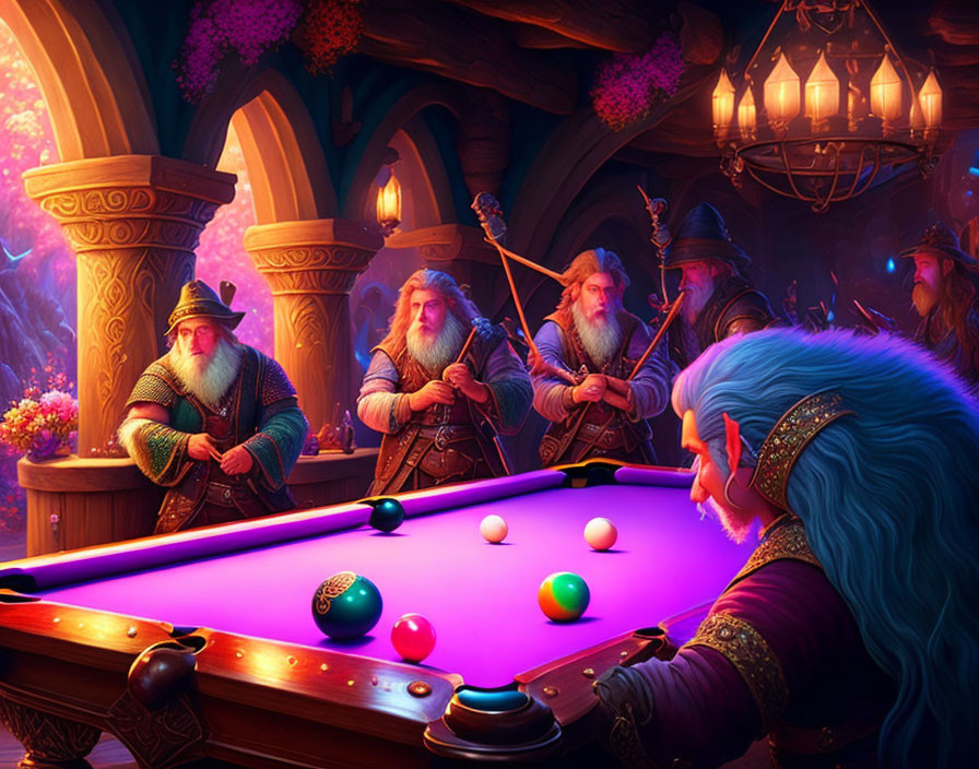 Fantasy characters playing pool in colorful, mystical tavern