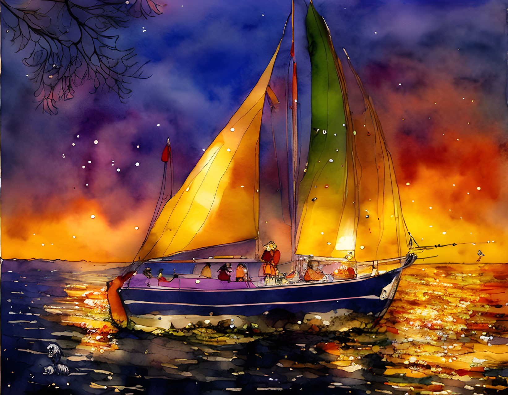 Vibrant watercolor sailboat scene at sunset