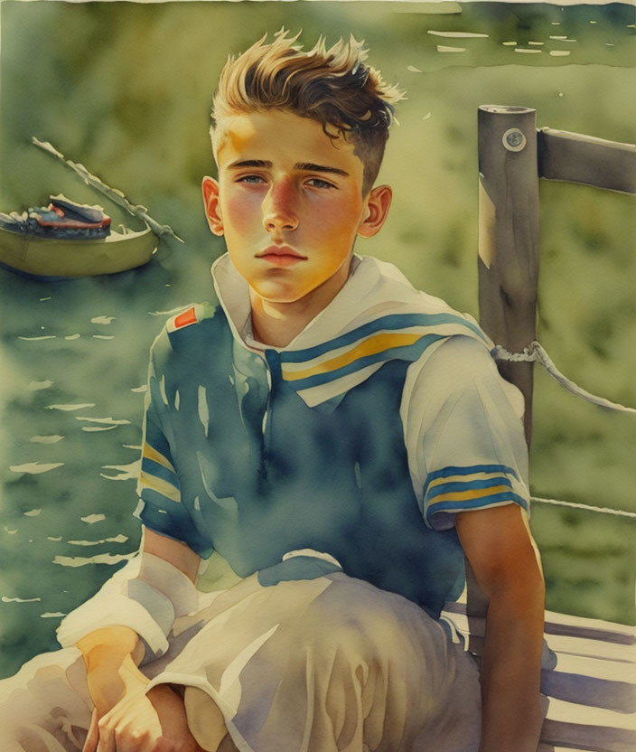 Young blond boy in blue-striped shirt near water with boat - Painting