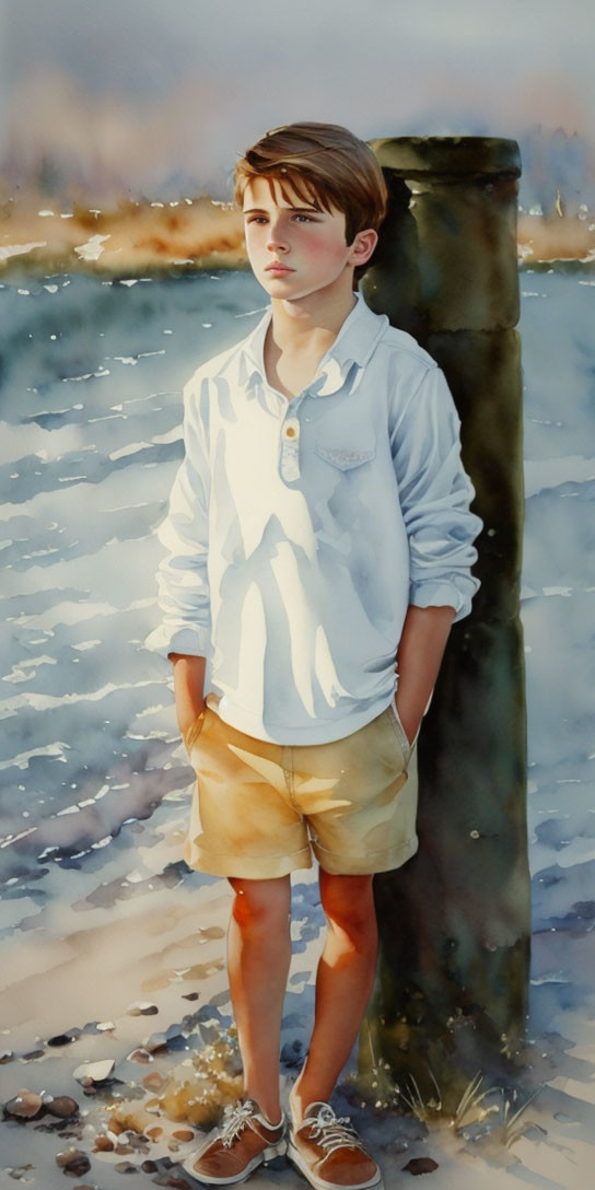 Young boy in white shirt and yellow shorts by post on pebbly shore gazes into distance.