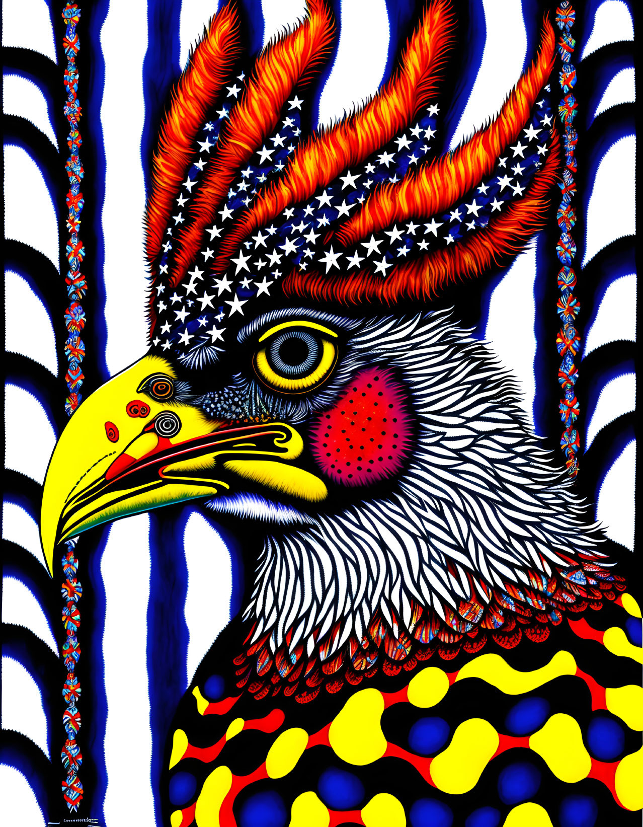 Colorful bird illustration with patterned crest and detailed eye on striped background