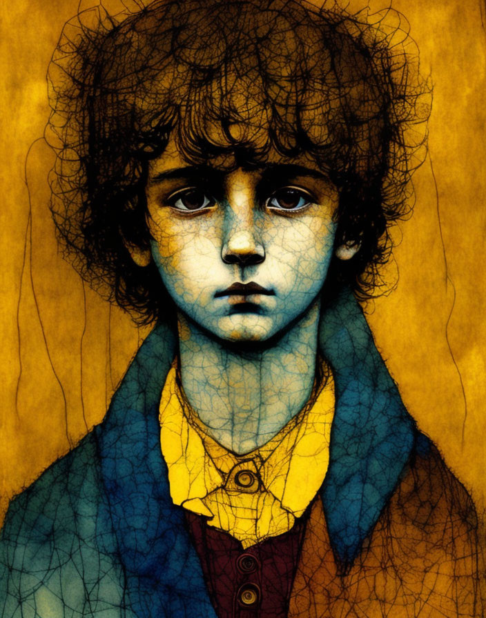 Vibrant illustration of young person with curly hair and intense eyes