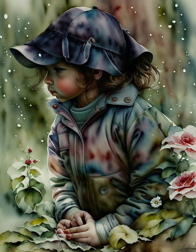 Young child in blue hat and jacket surrounded by roses and falling snowflakes