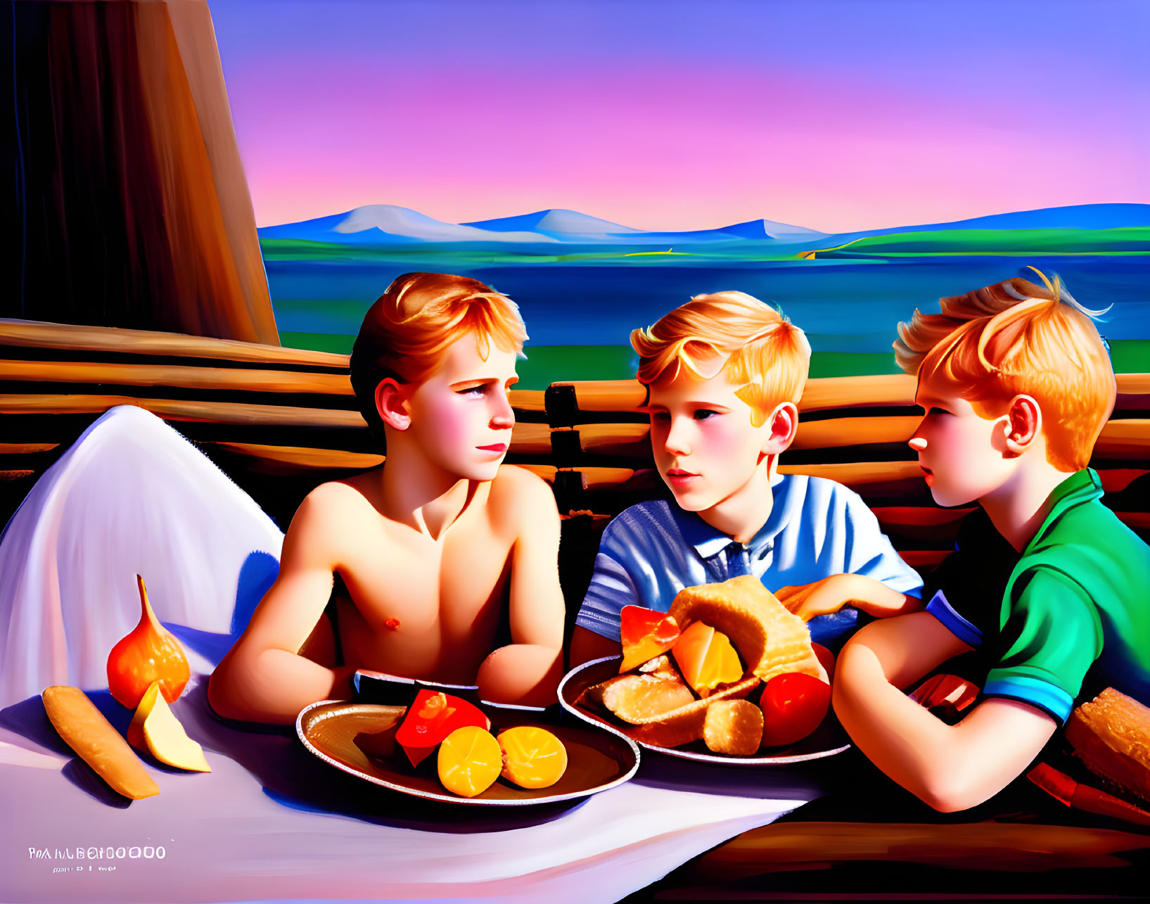 Vividly colored surreal landscape with stylized children having a picnic