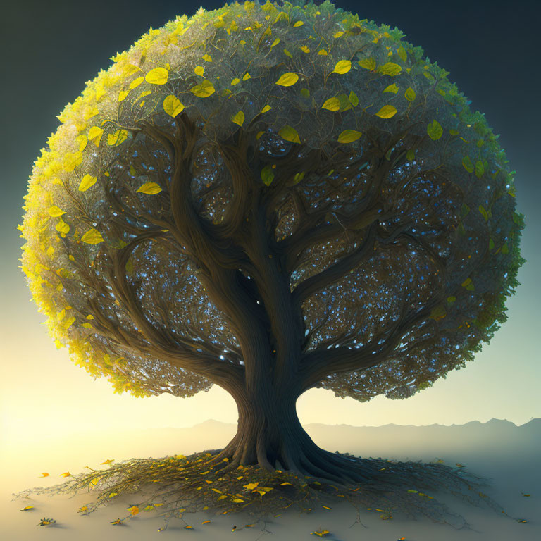 Majestic digitally-rendered tree with thick trunk and yellow leaves at sunrise or sunset