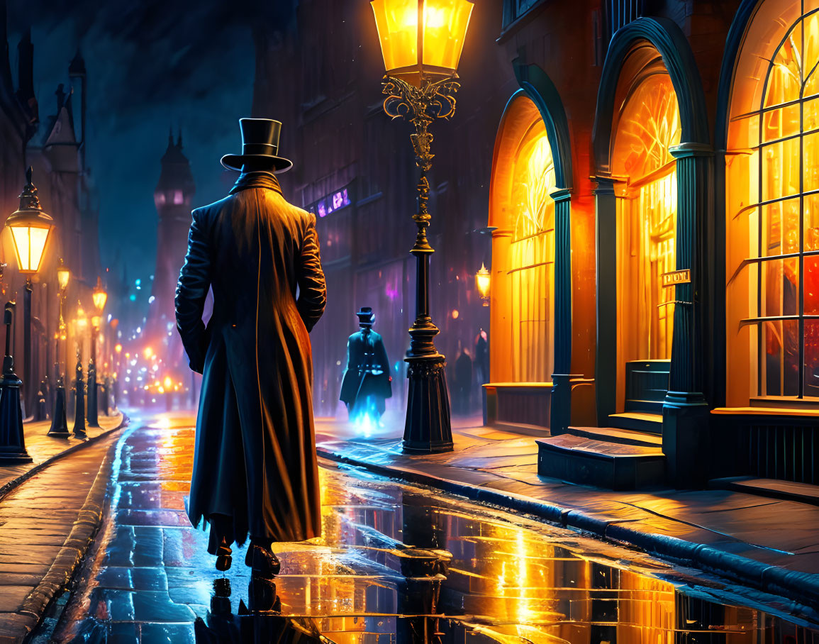 Person in Long Coat and Hat on Rain-Slicked Night Street