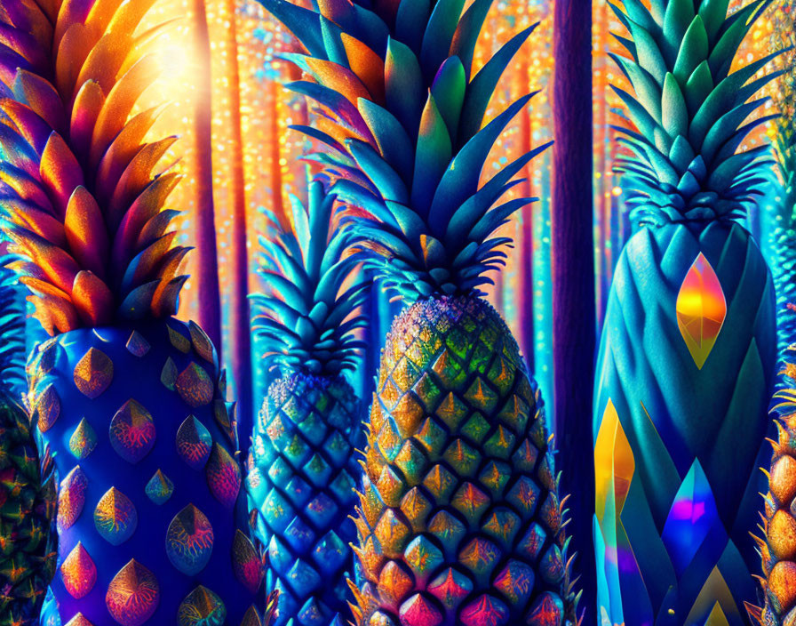 Vibrant stylized pineapples on rainbow backdrop