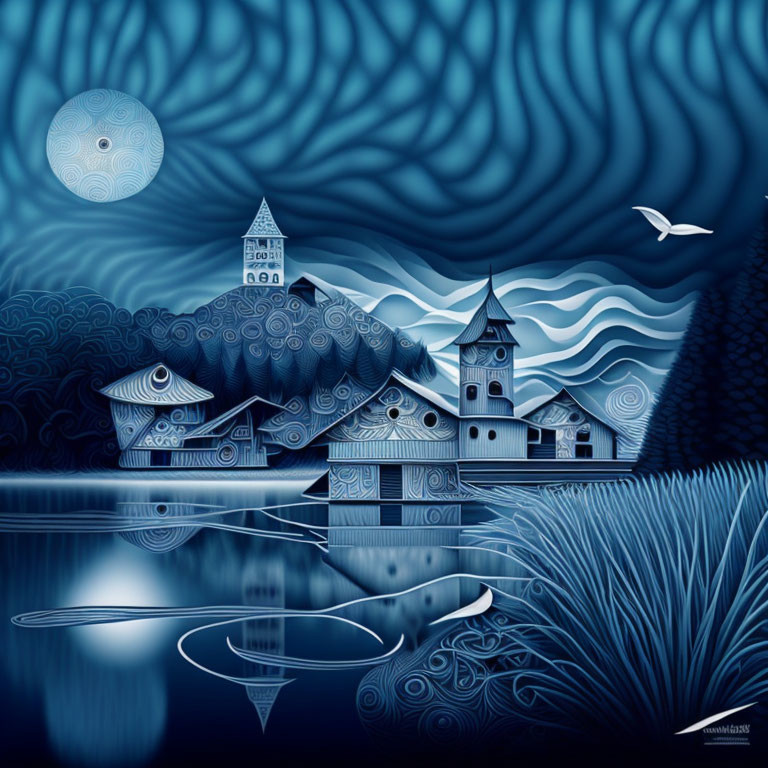 Monochromatic blue village scene with moonlit sky and bird