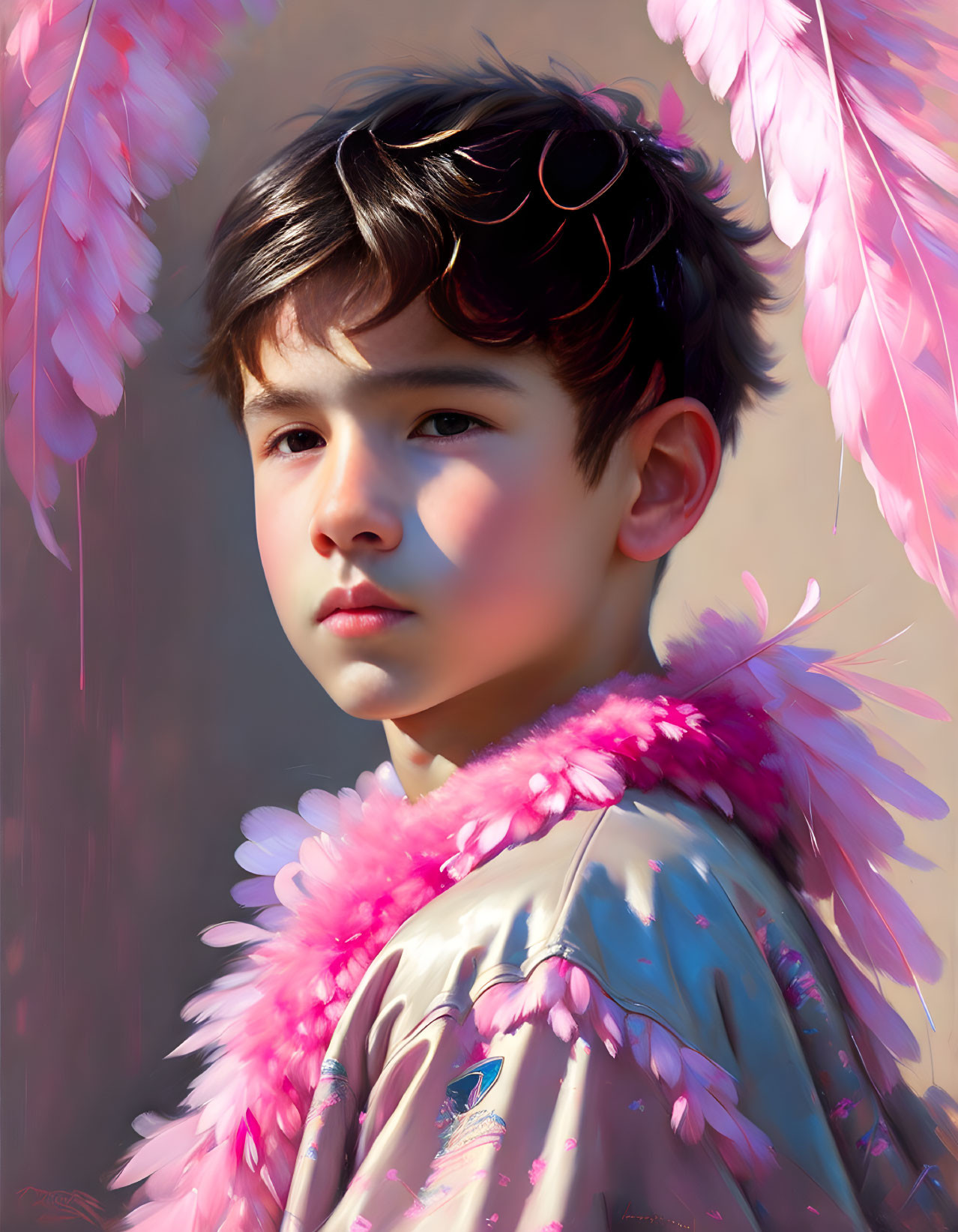 Young person with dark hair in cloak with pink feathered wings and golden accessory