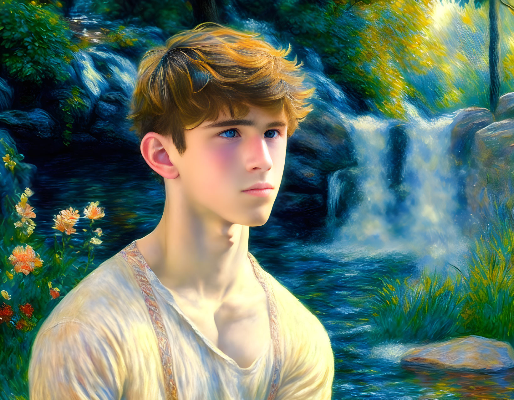 Contemplative young person with wavy hair near vibrant sunlit waterfall