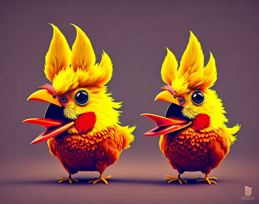 Colorful Cartoon Birds with Fiery Plumage and Oversized Beaks