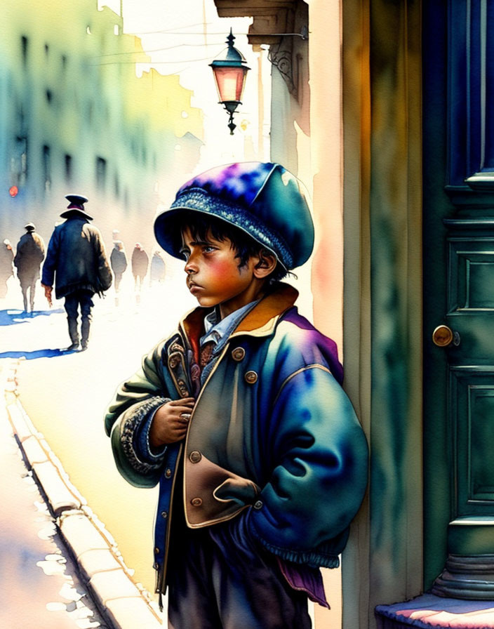 Young boy in colorful attire gazes at sunlit street in watercolor style