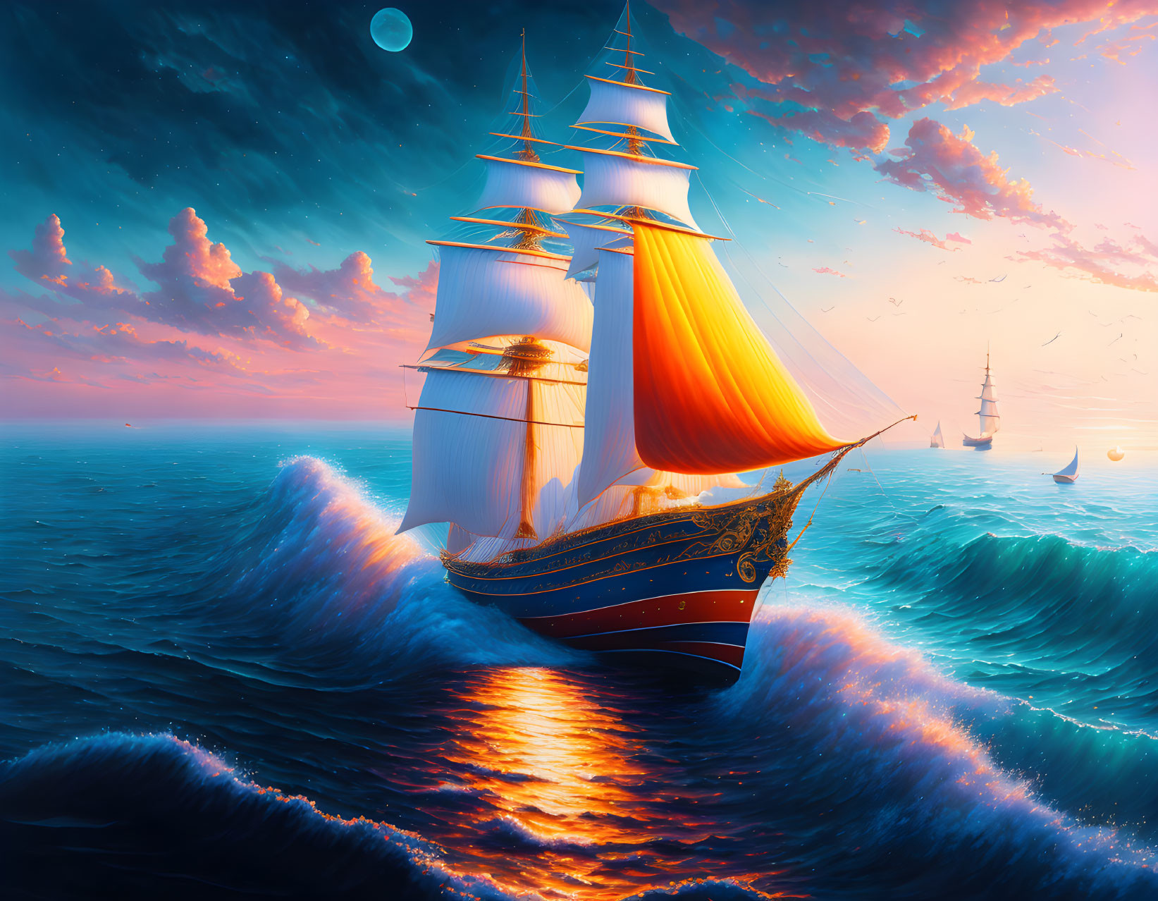 Tall ship sailing on ocean waves at sunset with moon and clouds