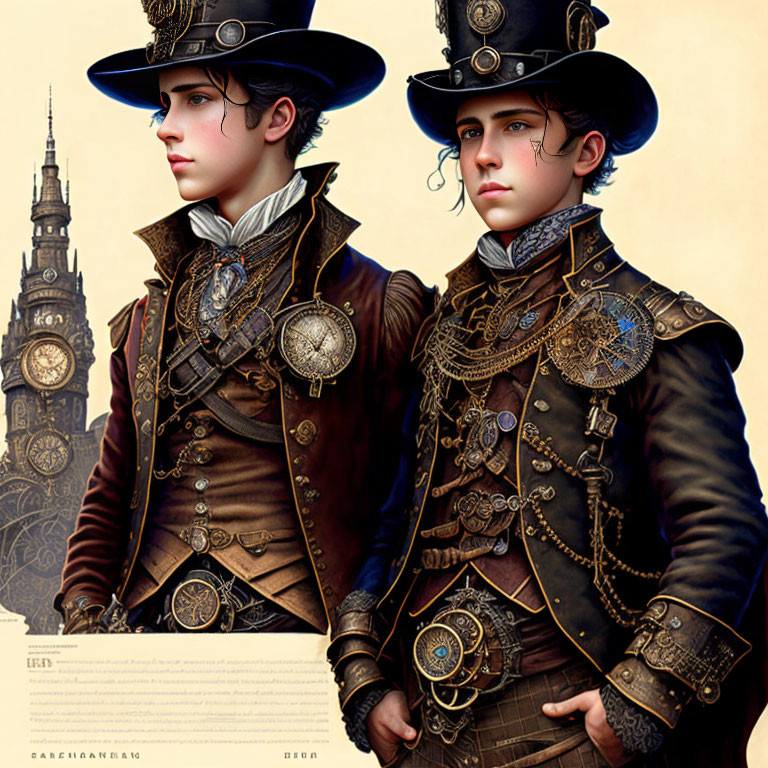 Steampunk-themed individuals in ornate attire with top hats and gear designs.