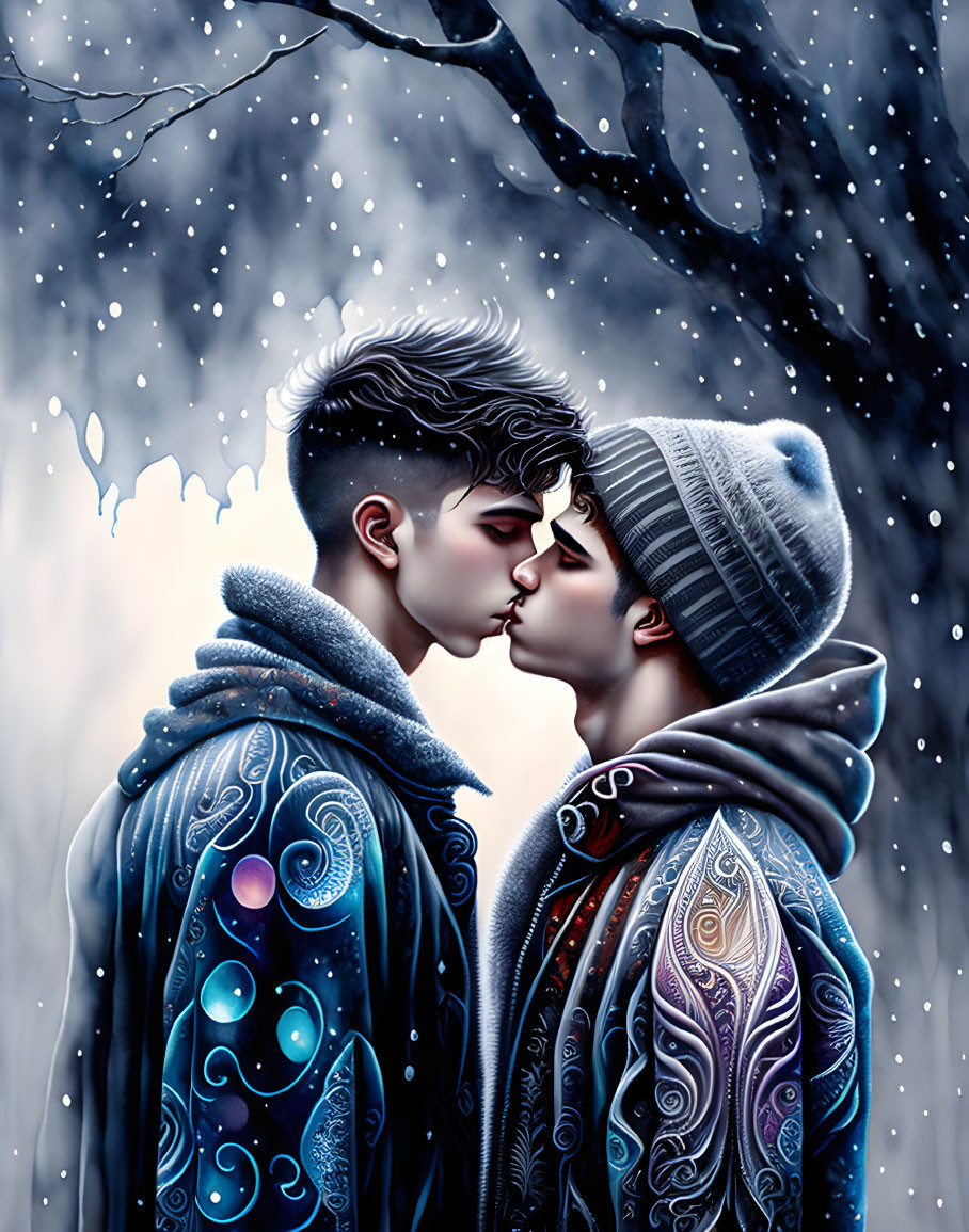 Stylized characters in intricate coats kissing in snowy winter scene