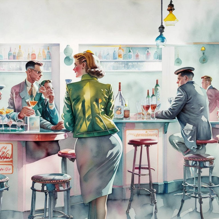 Illustration of elegant woman at bar with men, 1950s decor & jukebox