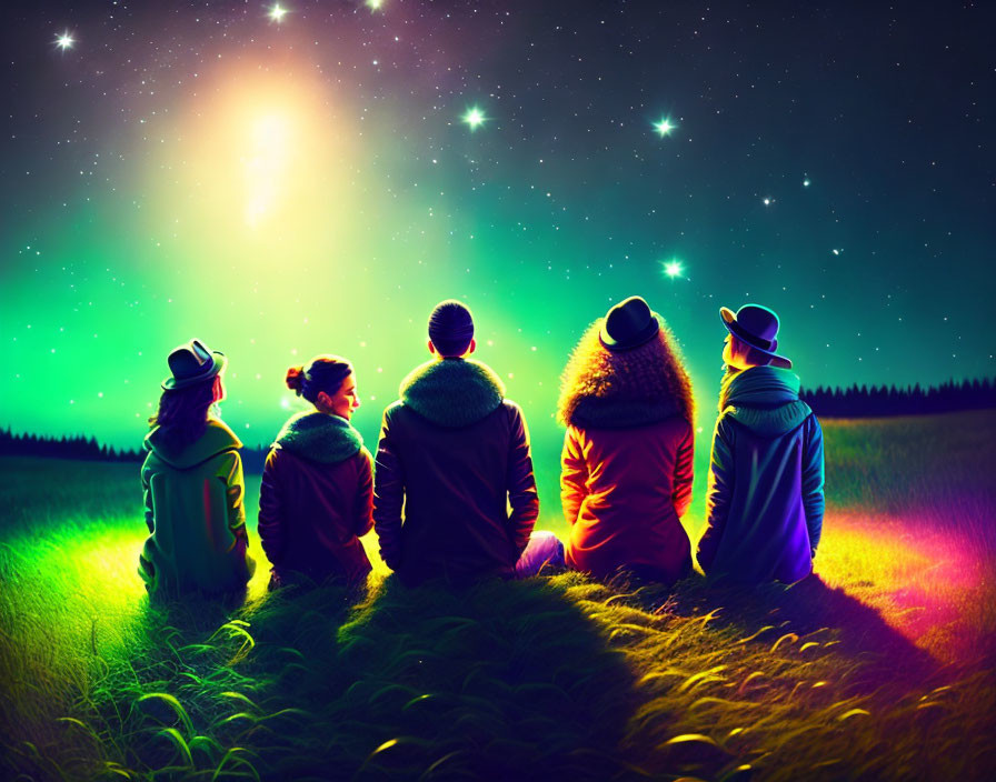 Group of Five People Watching Aurora Borealis at Night