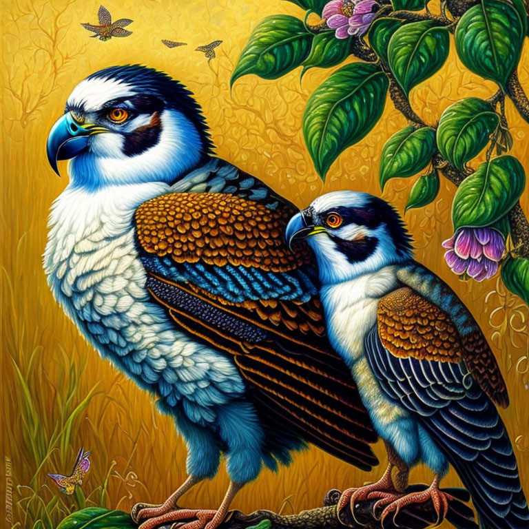 Colorful Birds with Intense Gazes Amid Vibrant Foliage