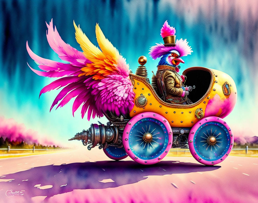 Colorful Bird in Fantastical Vehicle with Vibrant Feathers