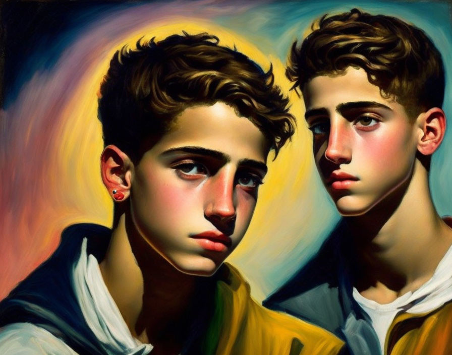 Portrait of two young males with similar features on warm swirled background