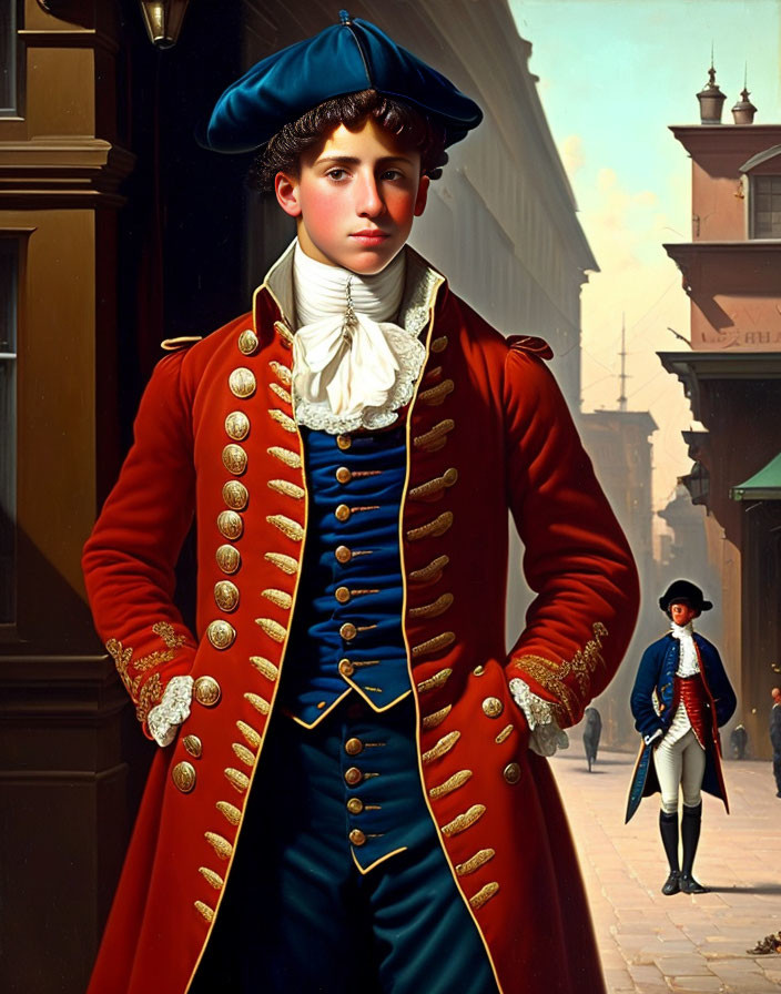 Young man in red colonial military uniform on city street