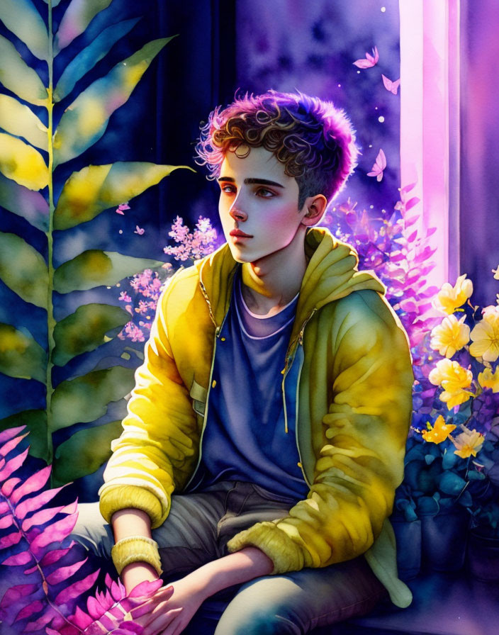 Young person with curly hair surrounded by plants and butterflies in colorful light