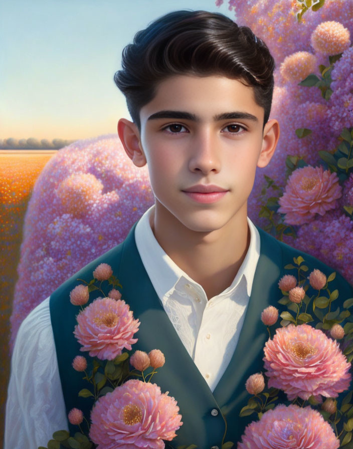 Young man in white shirt and green vest against pink and purple flower backdrop.