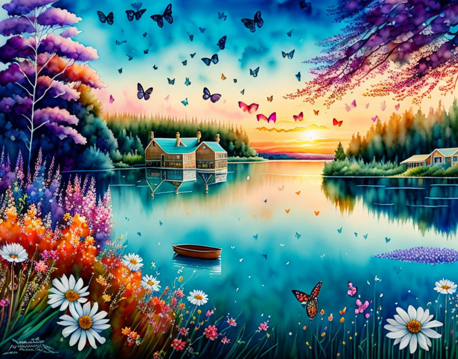 Colorful Lakeside Sunset Scene with Flowers, Butterflies, and Reflective Trees