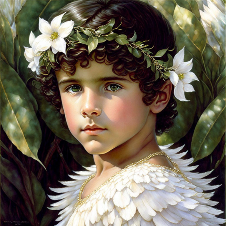 Child with curly hair, floral crown, green eyes, feathered wings, against green leaves