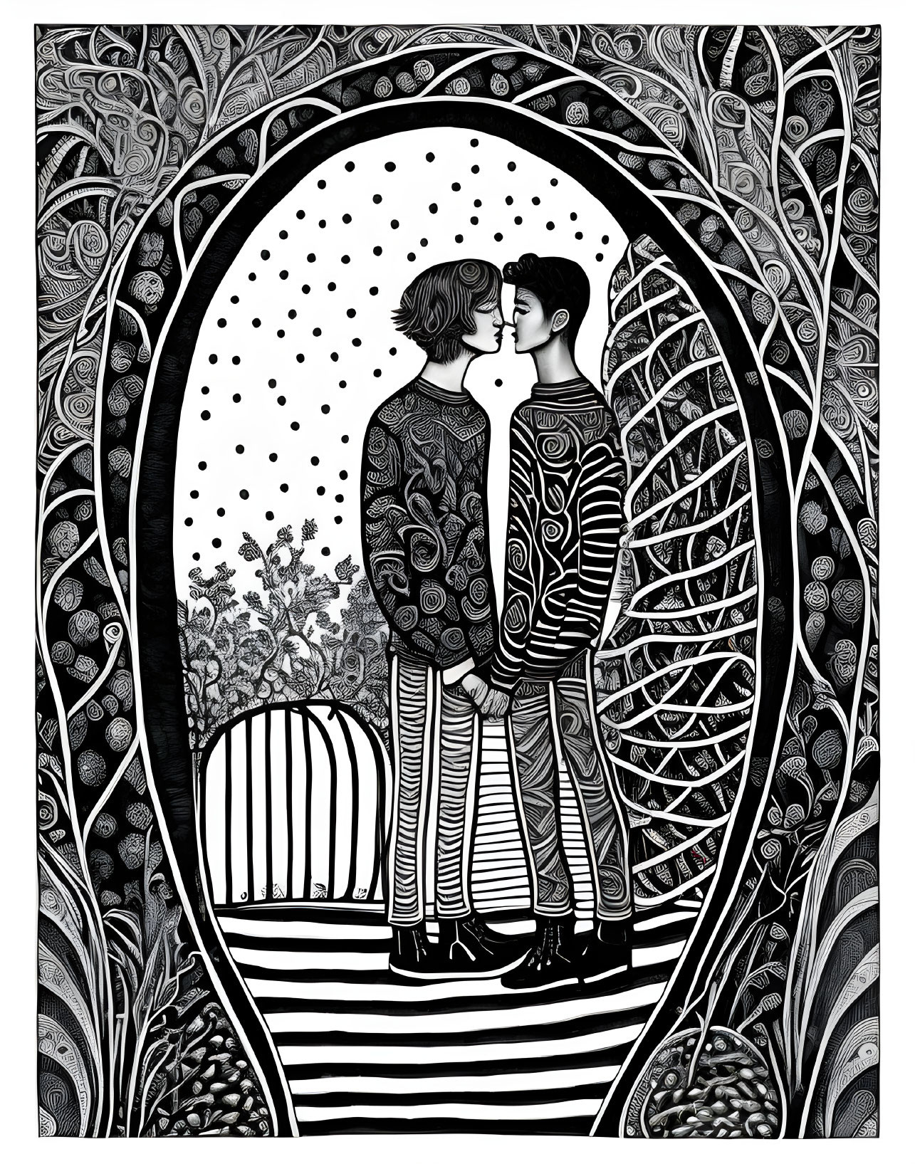 Stylized figures kissing in ornate, arched frame with intricate patterns.