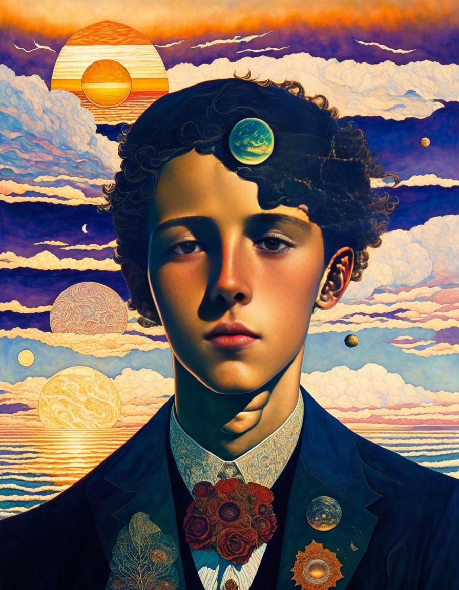 Young person merges with celestial dreamscape of suns, clouds, and planets